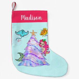 Mermaid & Friends Decorating Christmas Tree Name Small Christmas Stocking