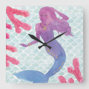 Mermaid Friends I Square Wall Clock
