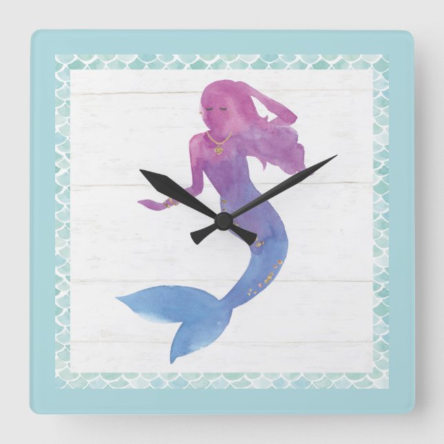 Mermaid Friends III Square Wall Clock (Front)
