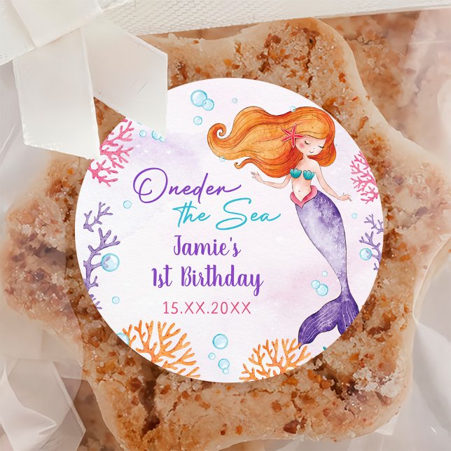 Mermaid Girl 1st Birthday Party  Classic Round Sticker (Creator Uploaded)