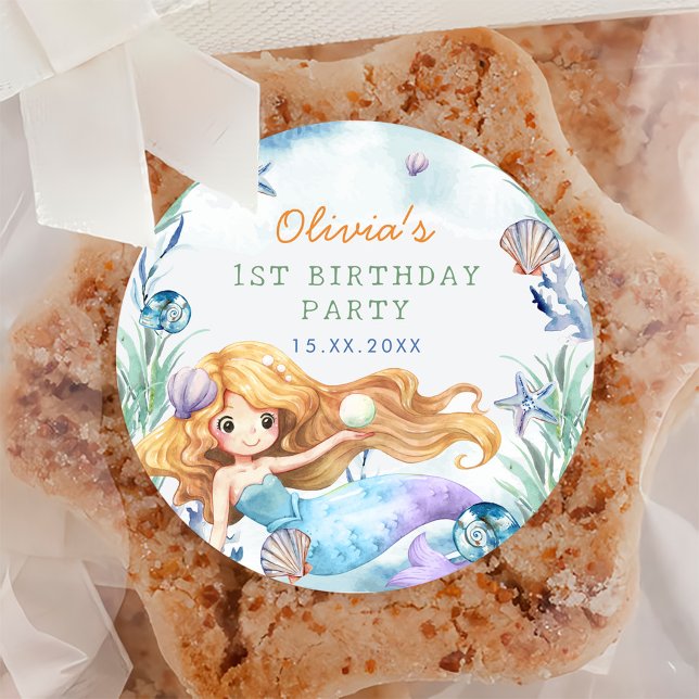 Mermaid Girl 1st Birthday Party  Classic Round Sticker (Creator Uploaded)