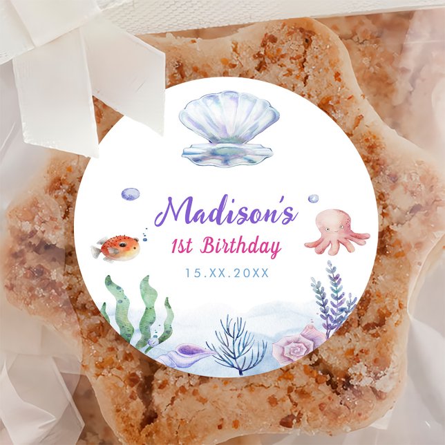 Mermaid Girl 1st Birthday Party  Classic Round Sticker (Creator Uploaded)