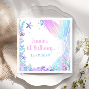 Mermaid Girl 1st Birthday Party Napkin