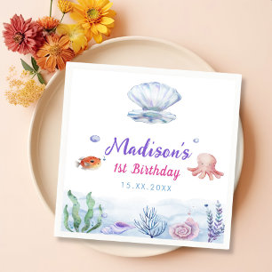 Mermaid Girl 1st Birthday Party Napkin