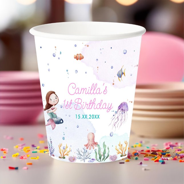 Mermaid Girl 1st Birthday Party Paper Cups (Creator Uploaded)