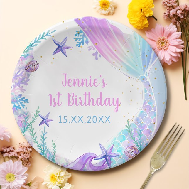 Mermaid Girl 1st Birthday Party Paper Plate (Creator Uploaded)