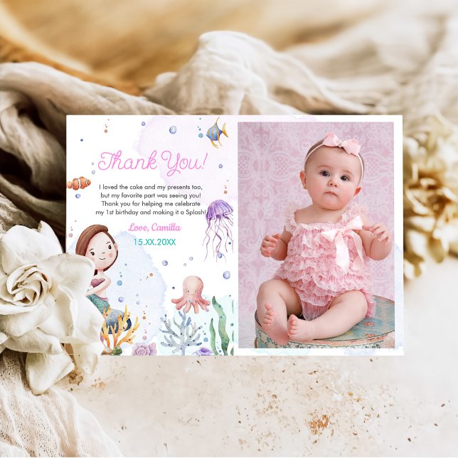 Mermaid Girl 1st Birthday Party Photo Thank You Card (Creator Uploaded)