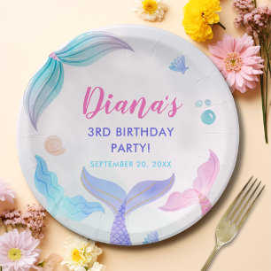 Mermaid Girl 3rd Birthday Party Paper Plate