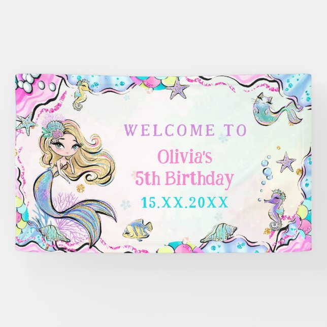 Mermaid Girl 5th Birthday Party Banner (Horizontal)