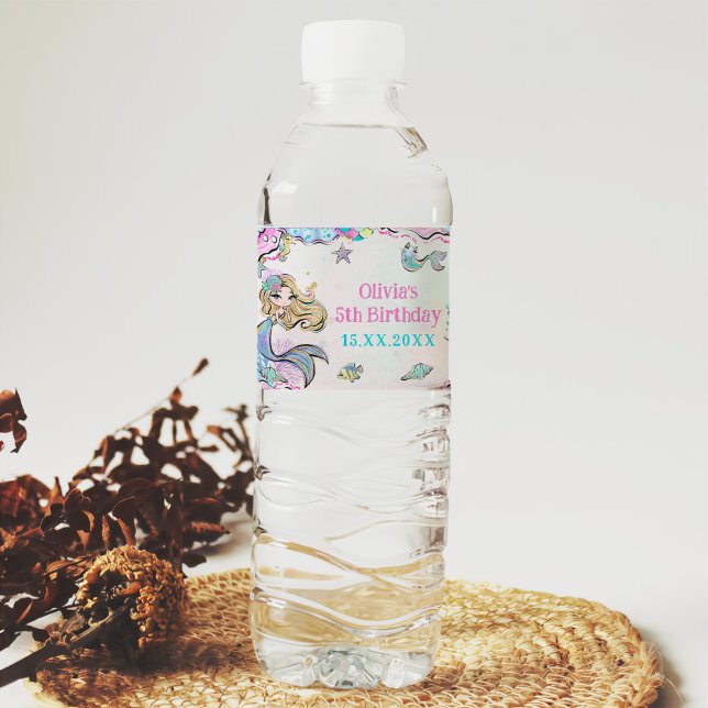 Mermaid Girl 5th Birthday Party  Water Bottle Label (Creator Uploaded)