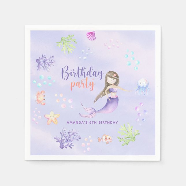 Mermaid Girl 6th Birthday Party Napkin (Front)