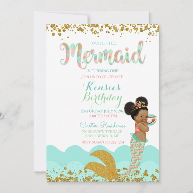 Mermaid Girl African American Girl Peach Mint Gold Invitation (Front)