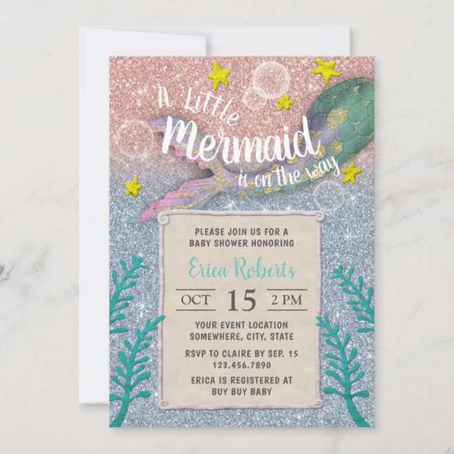 Mermaid Girl Baby Shower Rose Gold Blue Glitter Invitation (Front)