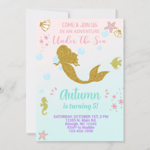 Mermaid girl birthday invitation, gold. invitation
