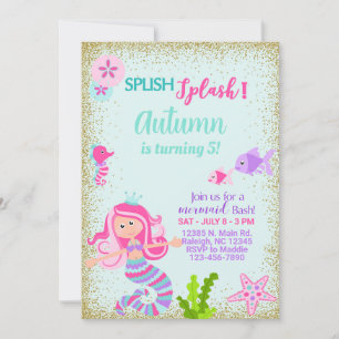 Mermaid girl birthday invitation, splish splash. invitation