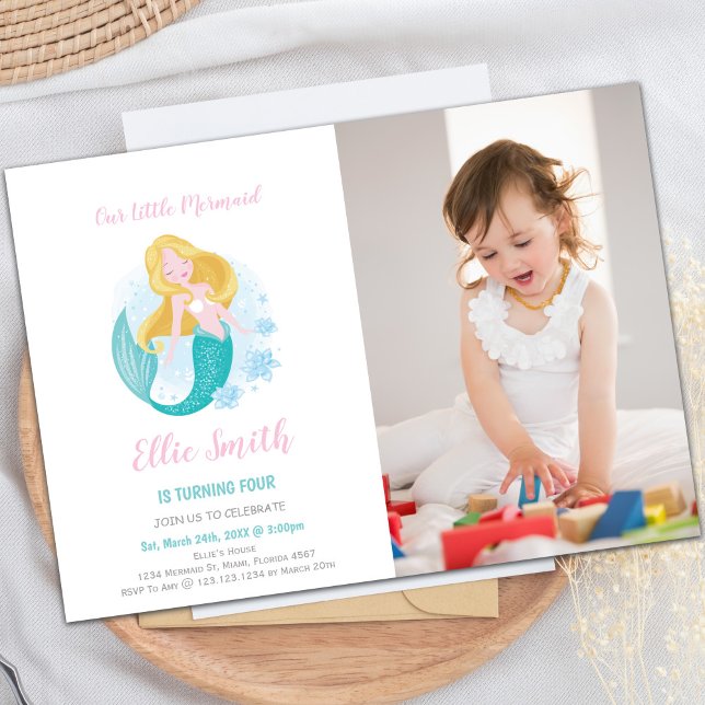 Mermaid Girl Birthday Invitation with Photo (Mermaid Girl Birthday Invitations with photo)