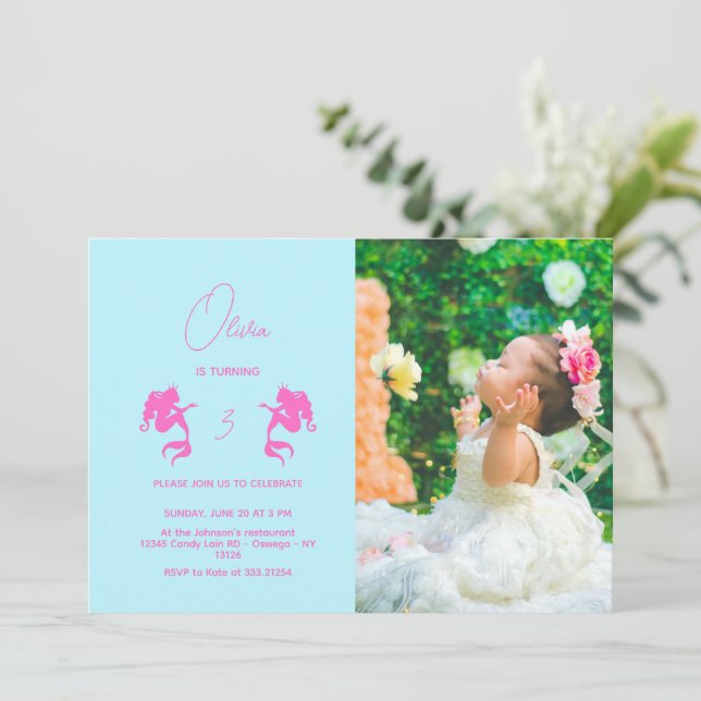 Mermaid Girl Birthday Minimalist Modern Photo Invitation (Standing Front)