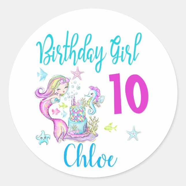 Mermaid Girl Birthday Party Group Matching Theme  Classic Round Sticker (Front)