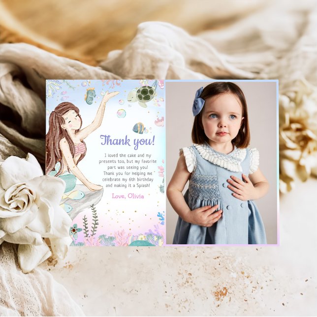 Mermaid Girl Birthday Party Photo Thank You Card (Creator Uploaded)