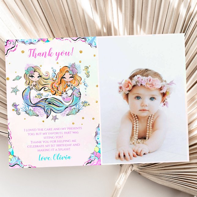 Mermaid Girl Birthday Party Photo Thank You Card (Creator Uploaded)