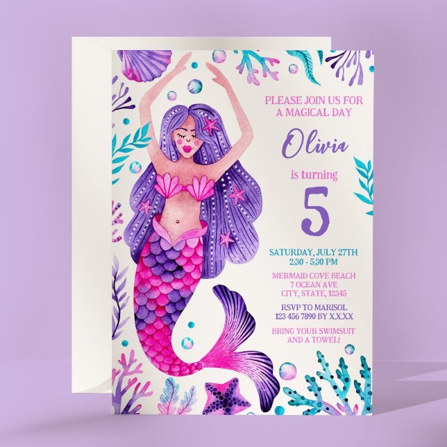 Mermaid Girl Birthday Pink and Purple Party  Invitation (Mermaid Girl Birthday Pink and Purple Party Invitation)