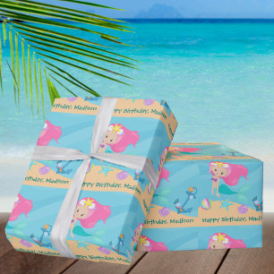 Mermaid Girl Birthday Pretty Personalised Beach Wrapping Paper