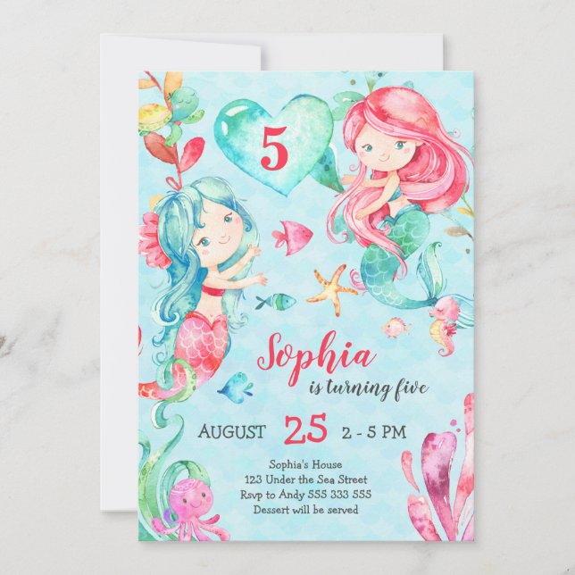 Mermaid Girl Birthday Under the Sea Cute Teal Pink Invitation (Front)
