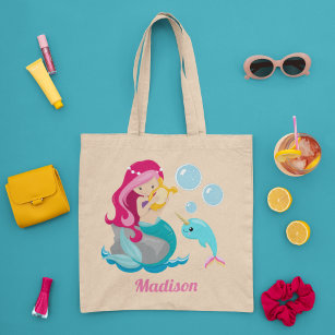Mermaid Girl Cute Beach Narwhal Monogram Kids Tote Bag