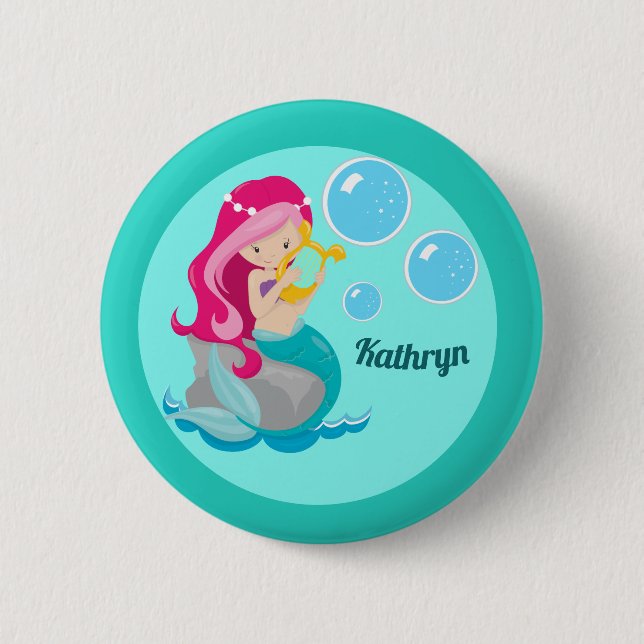 Mermaid Girl Cute Custom Teal Monogram Kids 6 Cm Round Badge (Front)
