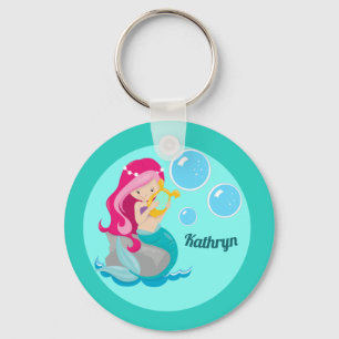 Mermaid Girl Cute Custom Teal Monogram Kids Key Ring