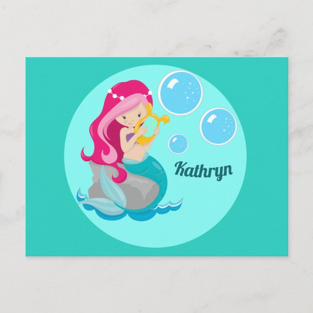 Mermaid Girl Cute Custom Teal Monogram Kids Postcard (Front)