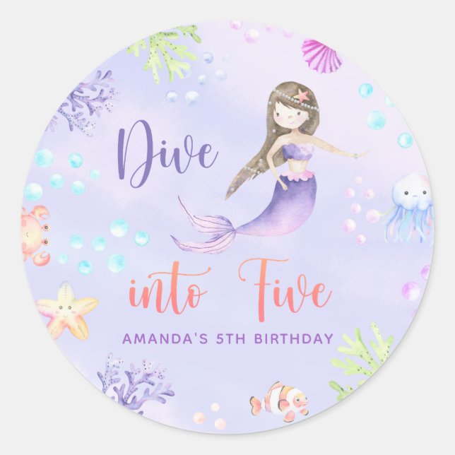 Mermaid Girl Dive Into Five 5th Birthday Party Classic Round Sticker (Front)