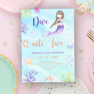 Mermaid Girl Dive Into Five 5th Birthday Party Invitation