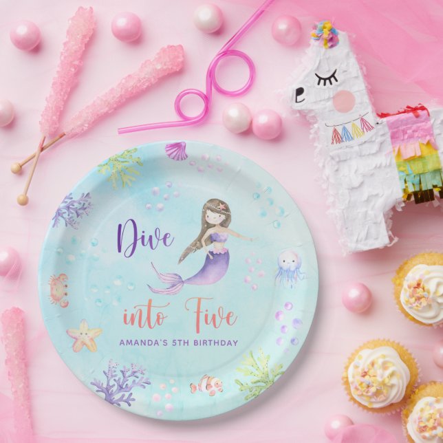 Mermaid Girl Dive Into Five 5th Birthday Party Paper Plate (Party)