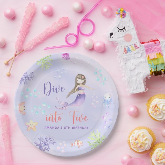 Mermaid Girl Dive Into Five 5th Birthday Party Paper Plate (Party)