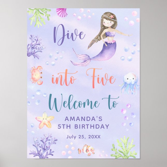 Mermaid Girl Dive into Five Birthday Party Welcome Poster (Front)