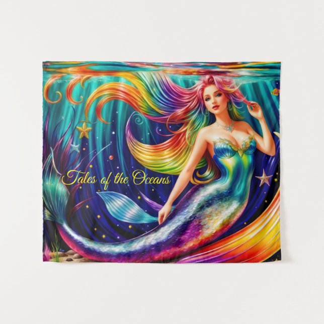 Mermaid Girl Fish Tail Underwater Colourful Ocean Tapestry (Front (Horizontal))