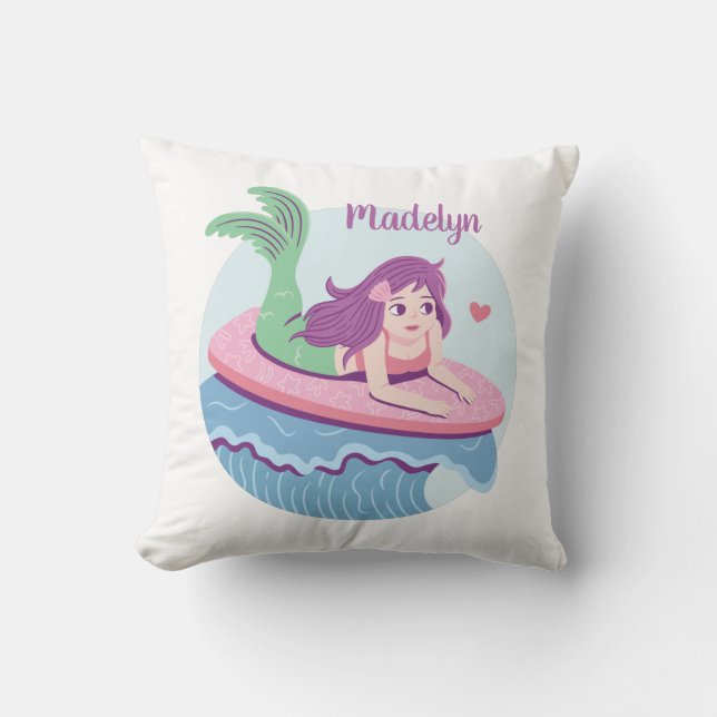 Mermaid Girl On Surfboard Ocean Room Decor Cushion (Front)