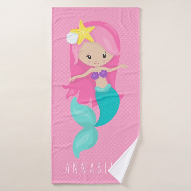 Mermaid Girl Princess Girly Pink Scales Cute Kids Bath Towel Set (Bath Towel)