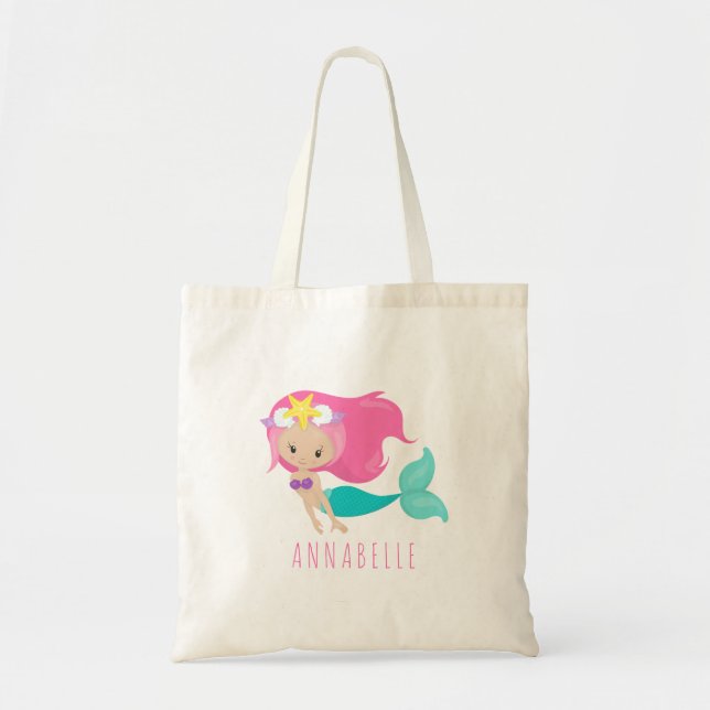 Mermaid Girl Princess Kids Cute Pink Hair Tote Bag (Front)
