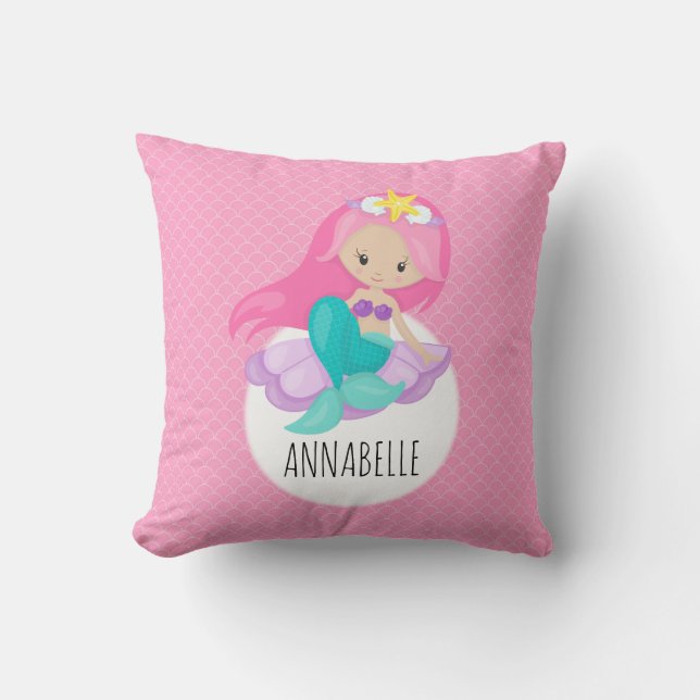 Mermaid Girl Princess Kids Sea Shell Pink Scales Cushion (Front)