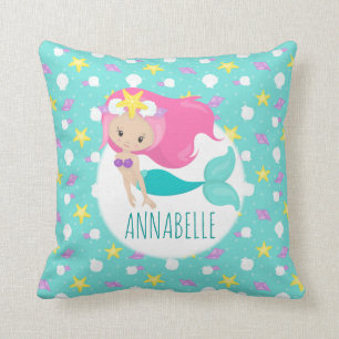 Mermaid Girl Princess Kids Sea Shell Starfish Blue Cushion