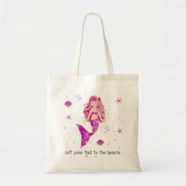 Mermaid Girl Starfish and Seashell Pink Beach Tote Bag (Front)