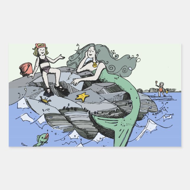 Mermaid Girl Summer Beach Friendship Whimsical Rectangular Sticker (Front)
