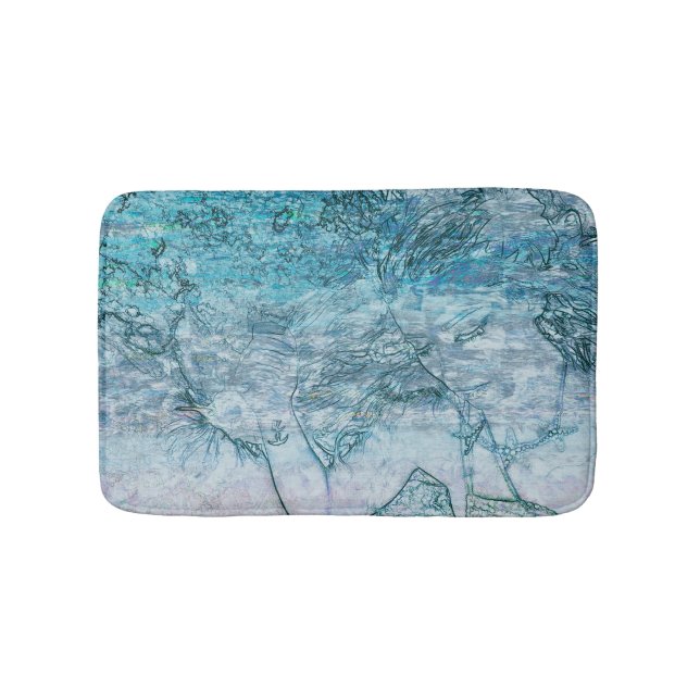 Mermaid Girl Teal Green Blue Nautical Ocean Waves Bath Mat (Front)
