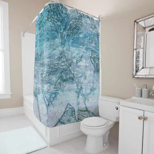Mermaid Girl Teal Green Blue Nautical Ocean Waves Shower Curtain (In Situ)