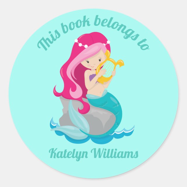 Mermaid Girl This Book Belongs to Monogram Kids Classic Round Sticker (Front)