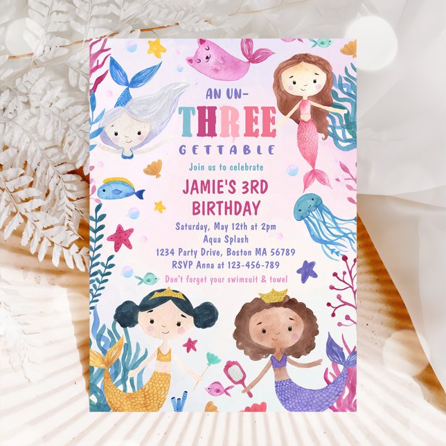 Mermaid Girl Under The Sea 3rd Birthday Party Invitation (Creator Uploaded)