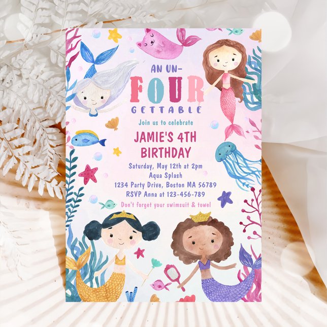 Mermaid Girl Under The Sea 4th Birthday Party Invitation (Creator Uploaded)