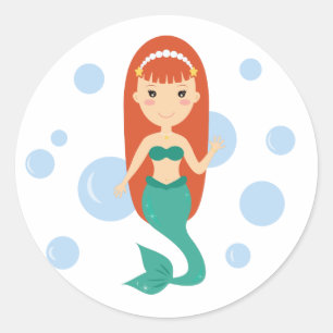 Mermaid girl waving among bubbles round sticker